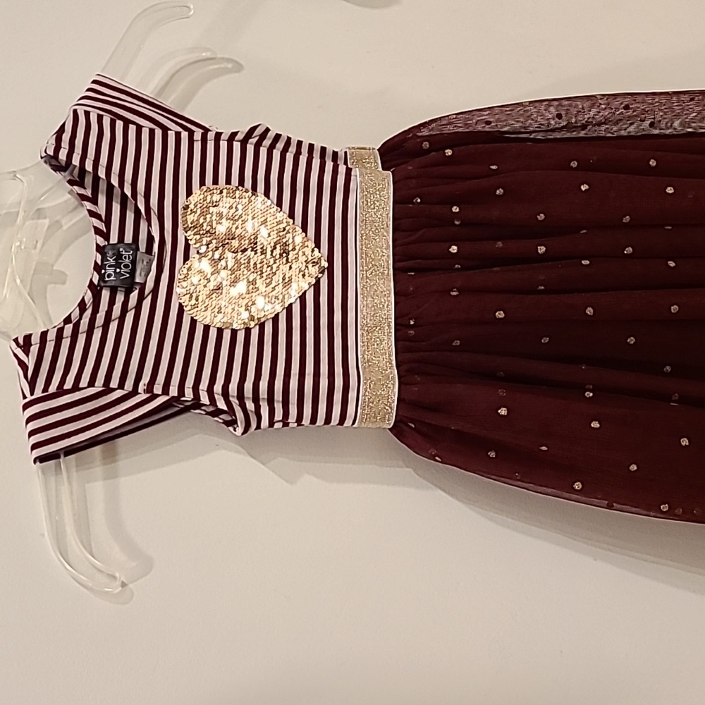 Adorable Burgundy Gold Tulle Sequin Heart Polka Dot Dress